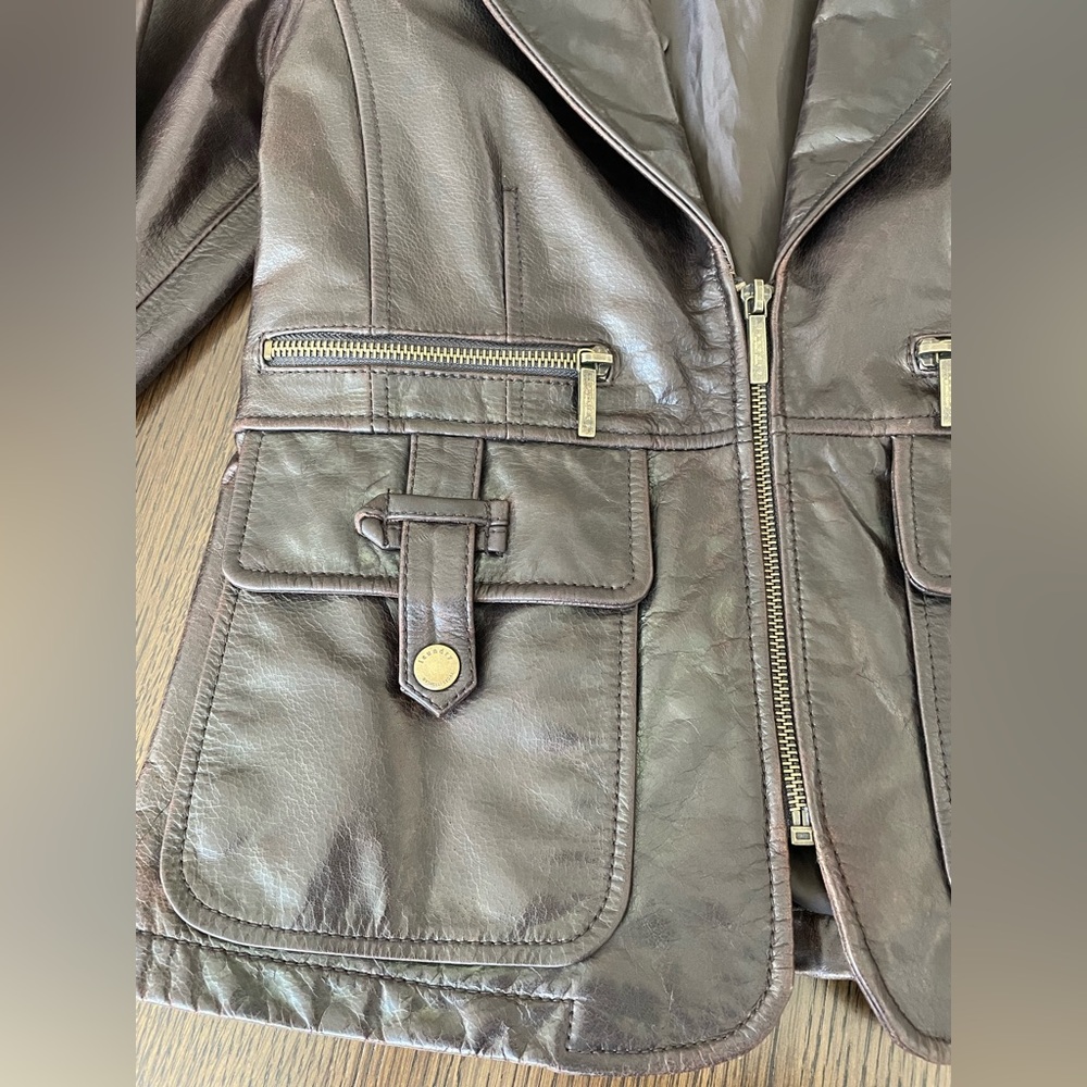 Laundry by Shelli Segal, Brown Leather Jacket with Detachable Fur Collar - Picture 9 of 14
